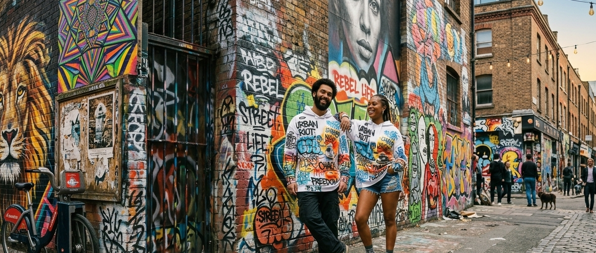 Two people standing in front of a graffiti-covered wall on a street with other pedestrians in the background.