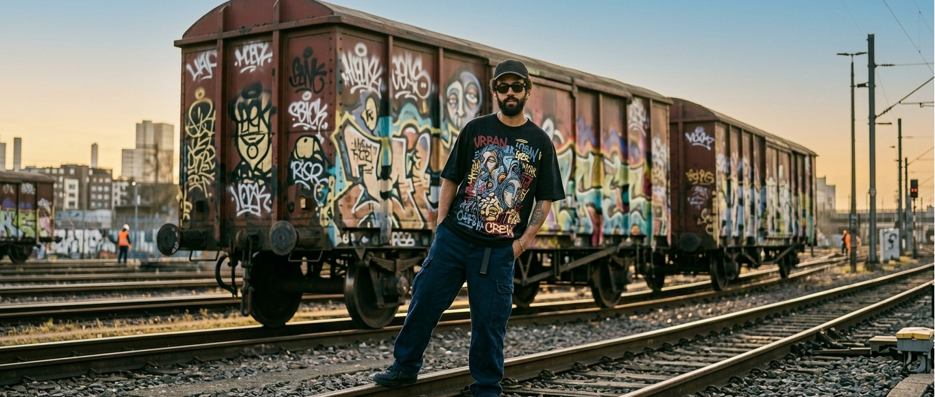 Person standing on train tracks with graffiti-covered railcars in the background