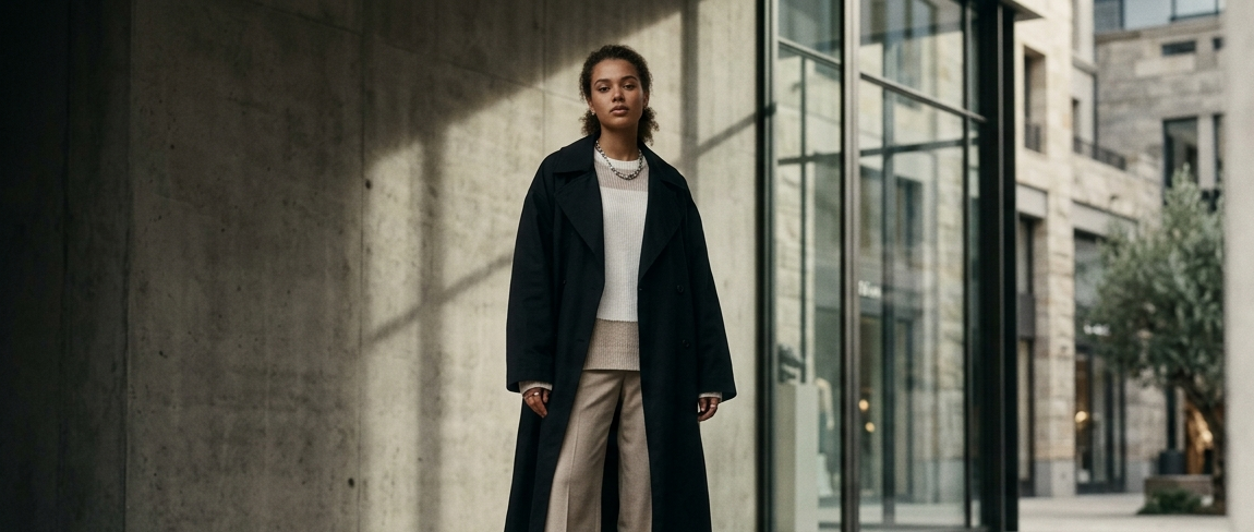 Person wearing a long dark coat and beige pants standing in an urban setting with glass buildings.