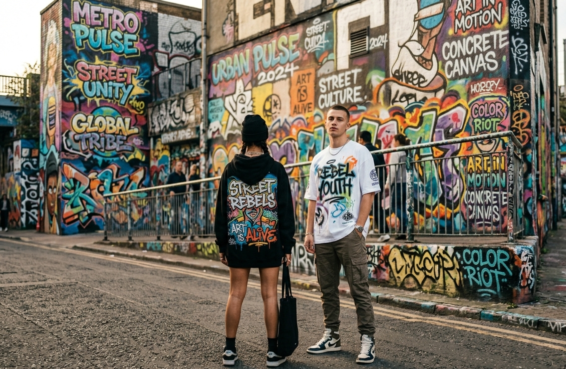 Two people standing in an urban alleyway with colorful graffiti on the walls.