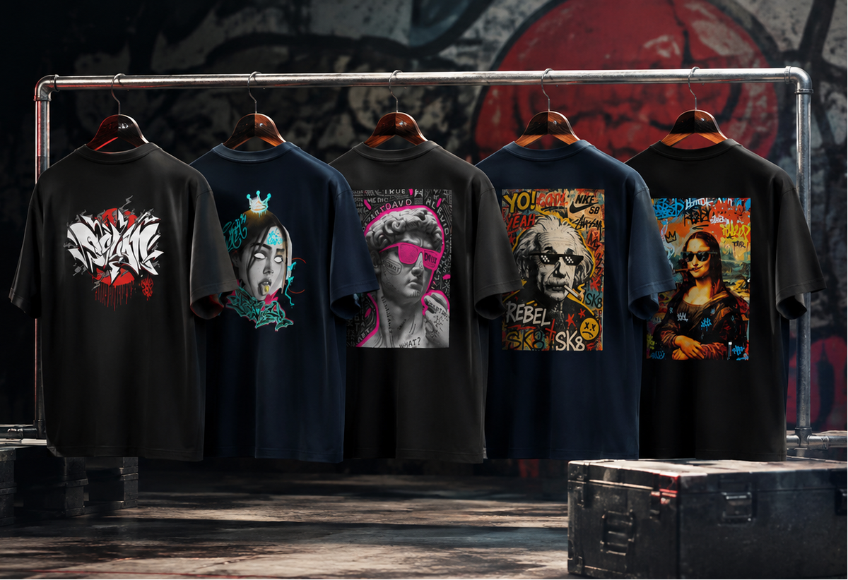 Five street art graphic t-shirts displayed on a clothing rack against a dark graffiti wall. The shirts feature various colorful and black-and-white street art prints, including portraits and abstract designs.