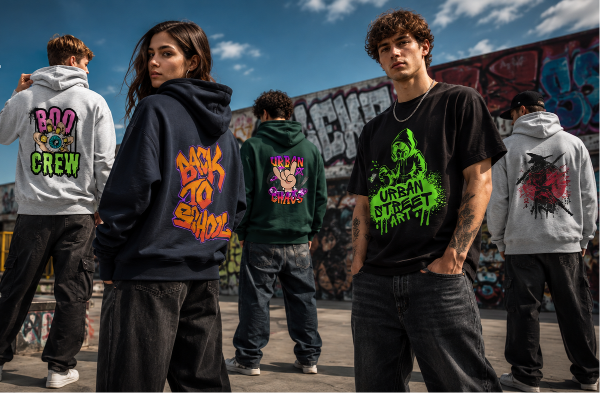 A group of young men wearing streetwear apparel, including hoodies and a black graphic t-shirt, standing in an outdoor urban graffiti park under a blue sky. The brand 'Urban Chaos' is visible in the bottom left corner.